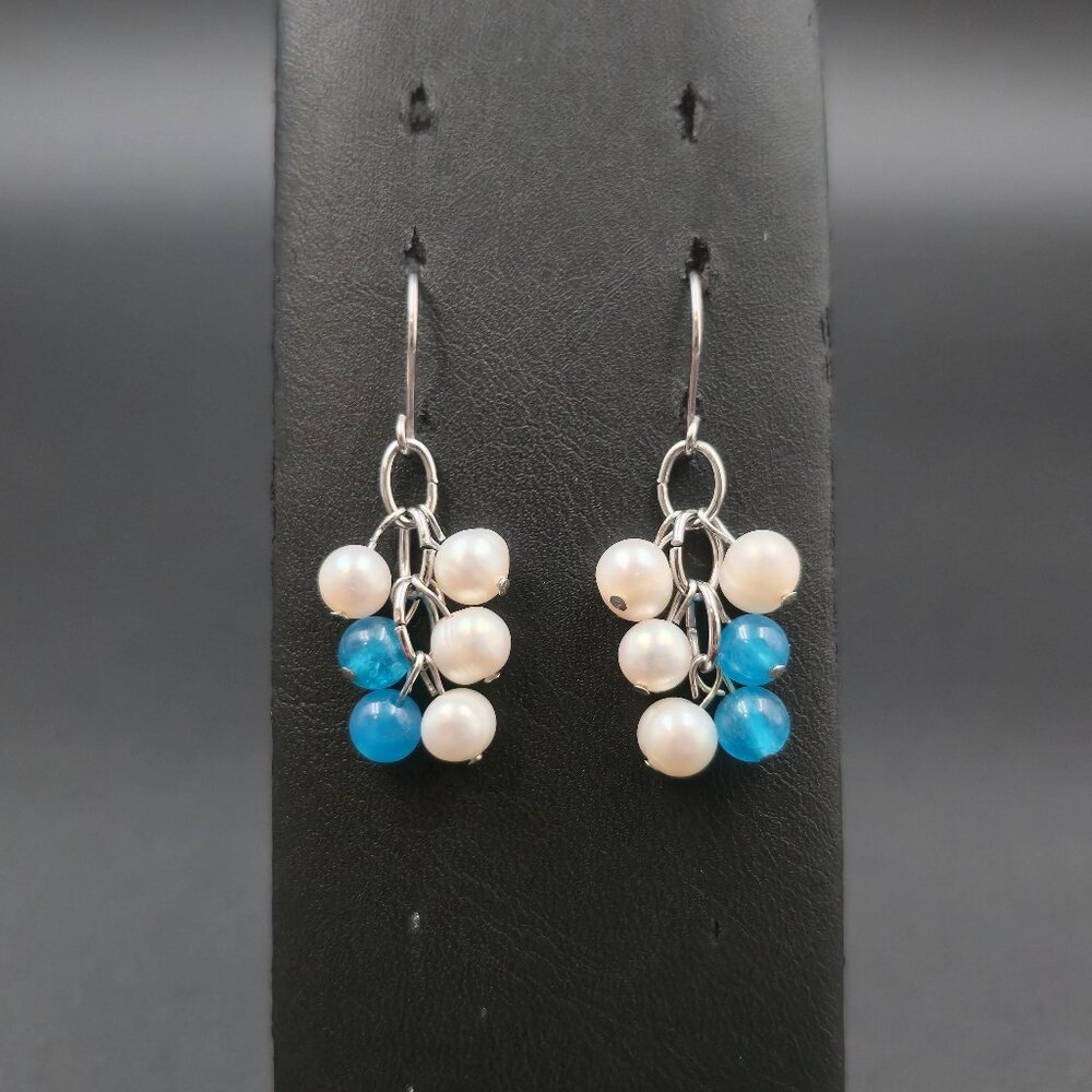 Silver Plated Over Copper Pearls And Blue Chalcedony Earrings A6910